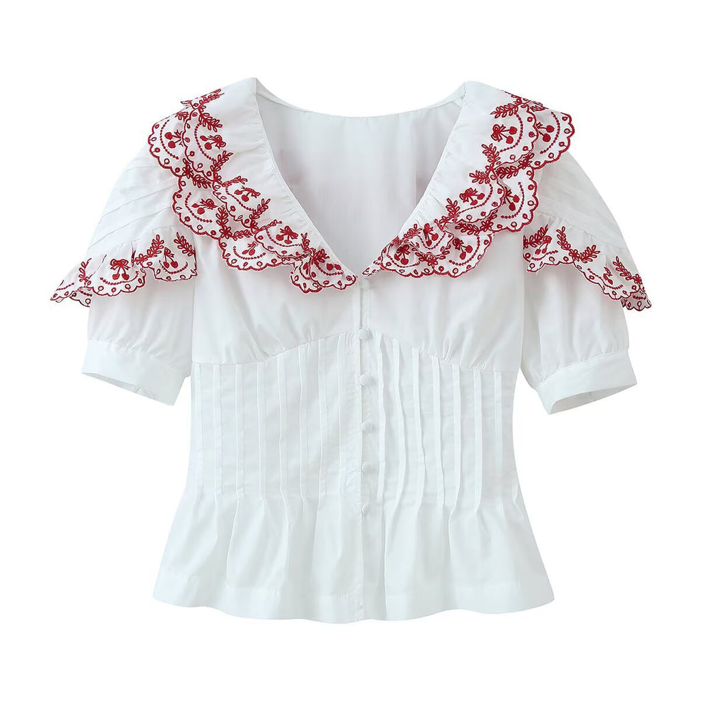 Sexy Embroidered Peter Pan Collar Pleated Top  Embroidered Shorts