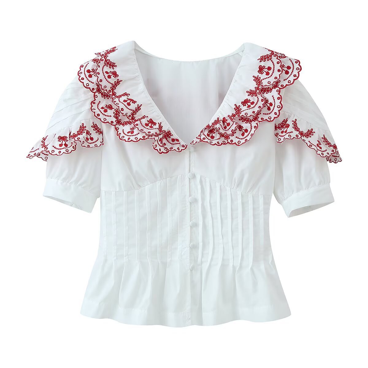 Sexy Embroidered Peter Pan Collar Pleated Top  Embroidered Shorts