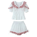 Sexy Embroidered Peter Pan Collar Pleated Top  Embroidered Shorts