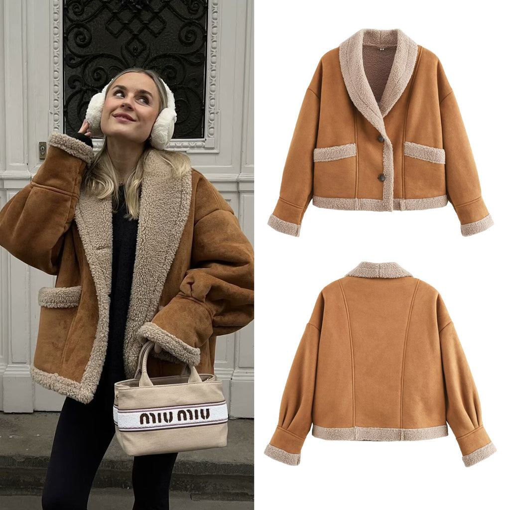 Autumn and winter women's clothing American retro woolen coat with loose collar and fur one-piece top for women