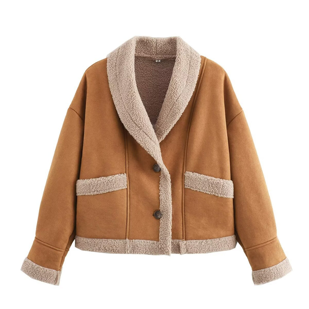 Autumn and winter women's clothing American retro woolen coat with loose collar and fur one-piece top for women